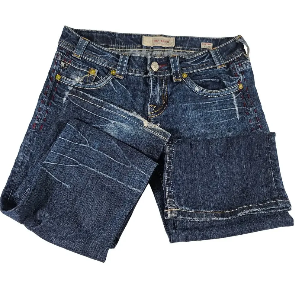 MEK Blue Capetown Denim Jeans USA Lightly Distressed Boot Mid Rise 29 x 36